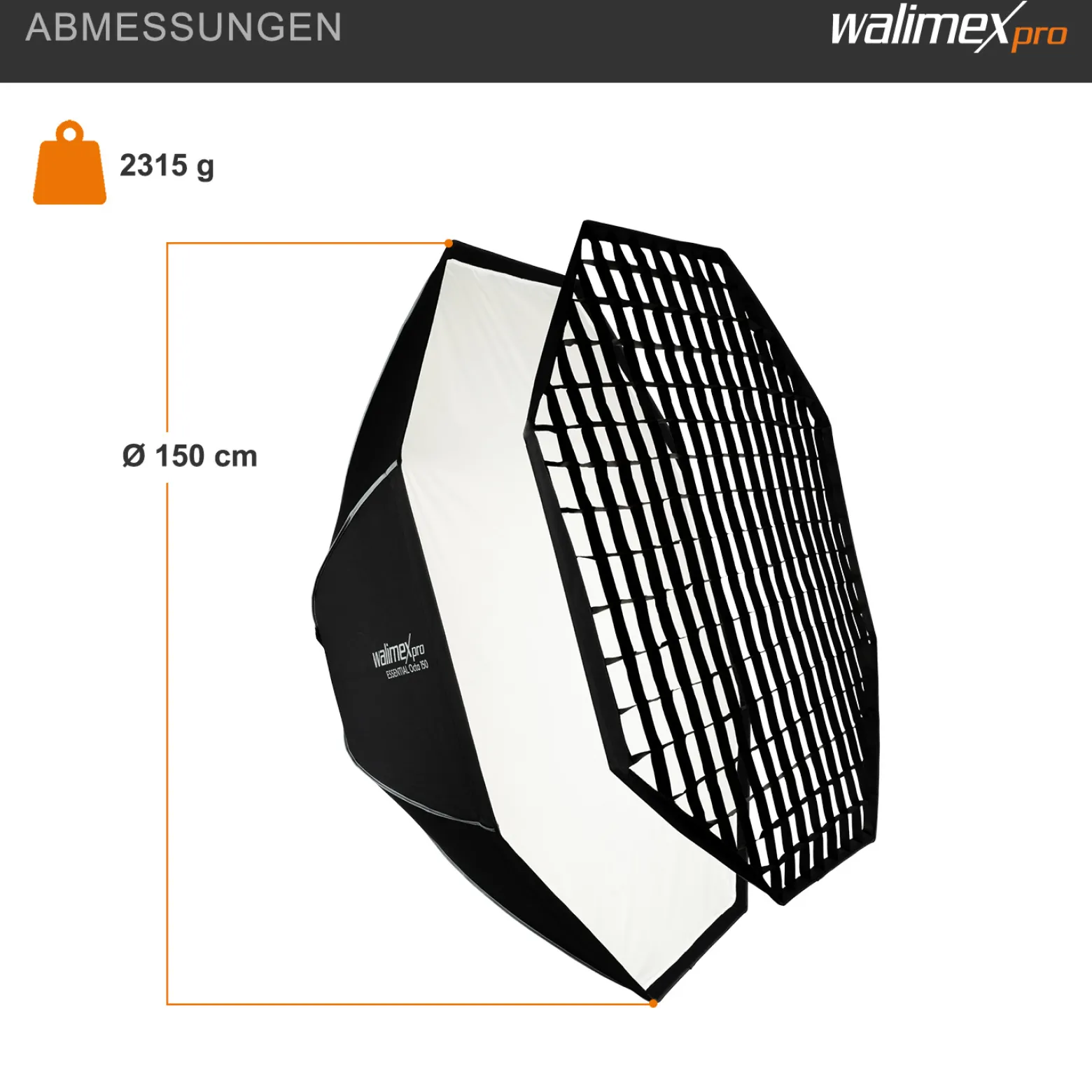 Walimex pro Essential Softbox Octagon 150cm + Adapter Elinchrom 15,2cm, 360°, einfacher Aufbau, inkl. Grid, Bowens Adapter und Transporttasche, ideal für Porträts und Beauty-Aufnahmen