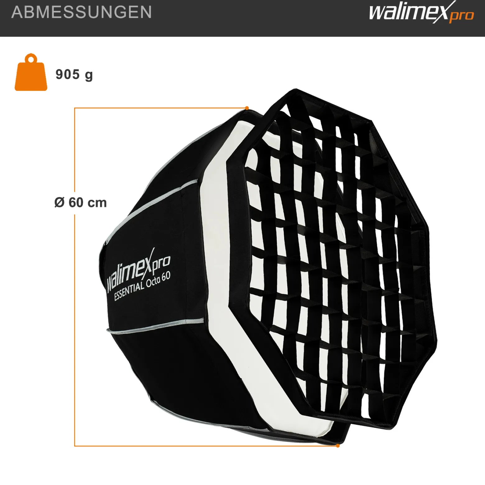 Walimex pro Essential Softbox Octagon 60cm, um 360° drehbar, einfacher Aufbau, inkl. Grid, Bowens Adapter und Transporttasche, ideal für Porträts und Beauty-Aufnahmen