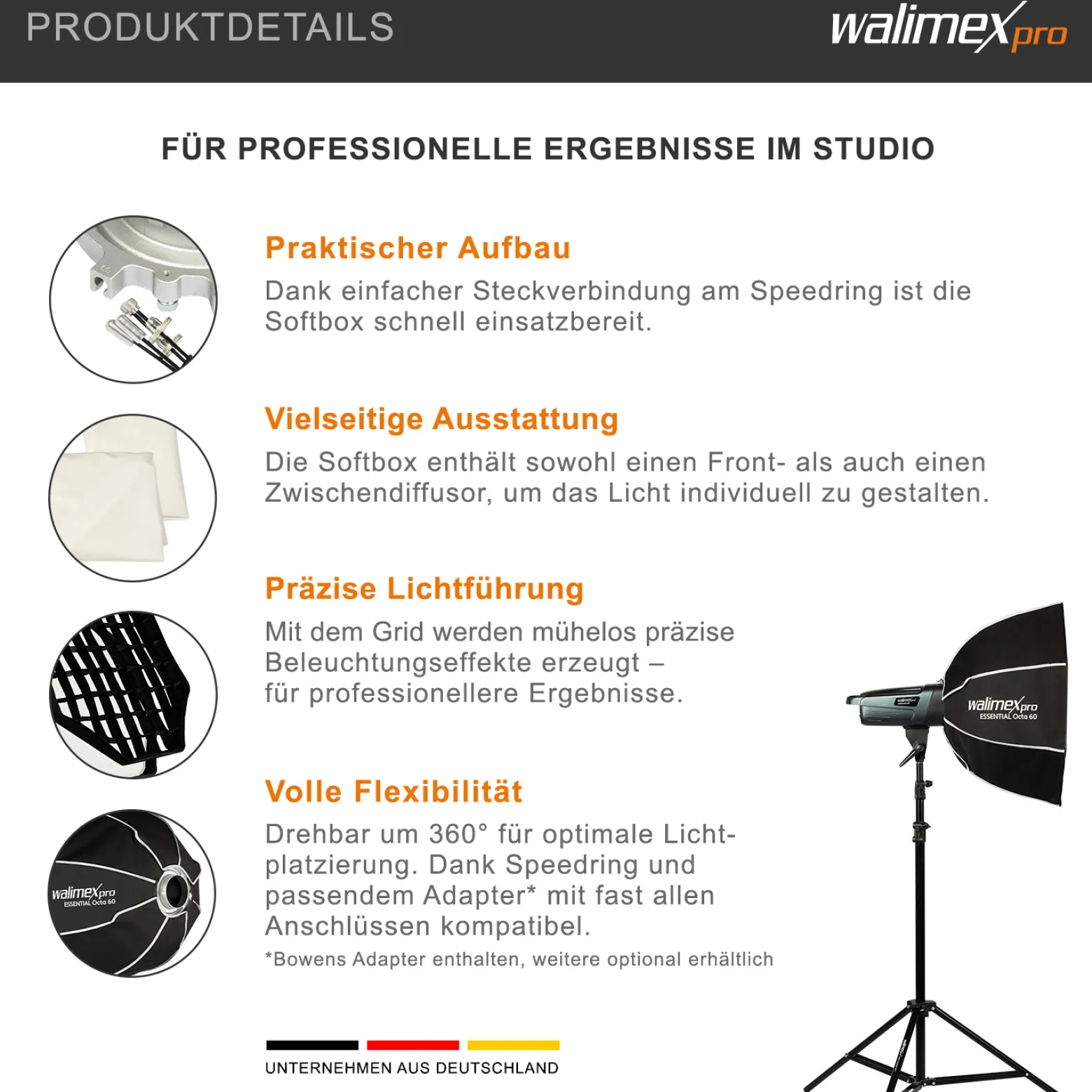 Walimex pro Essential Softbox Octagon 60cm, um 360° drehbar, einfacher Aufbau, inkl. Grid, Bowens Adapter und Transporttasche, ideal für Porträts und Beauty-Aufnahmen