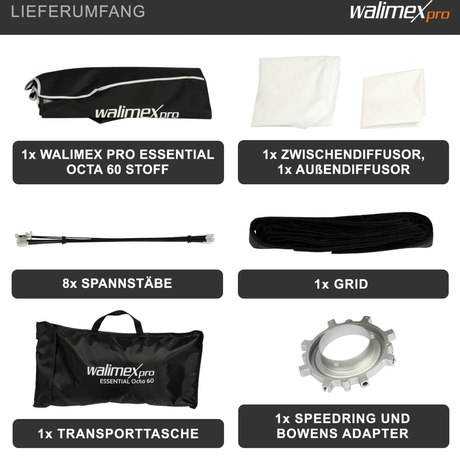 Walimex pro Essential Softbox Octagon 60cm, um 360° drehbar, einfacher Aufbau, inkl. Grid, Bowens Adapter und Transporttasche, ideal für Porträts und Beauty-Aufnahmen