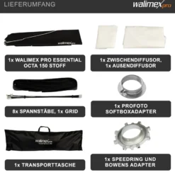 Walimex pro Essential Softbox Octagon 150cm + Adapter Profoto 15,2cm, 360°, einfacher Aufbau, inkl. Grid, Bowens Adapter und Transporttasche, ideal für Porträts und Beauty-Aufnahmen