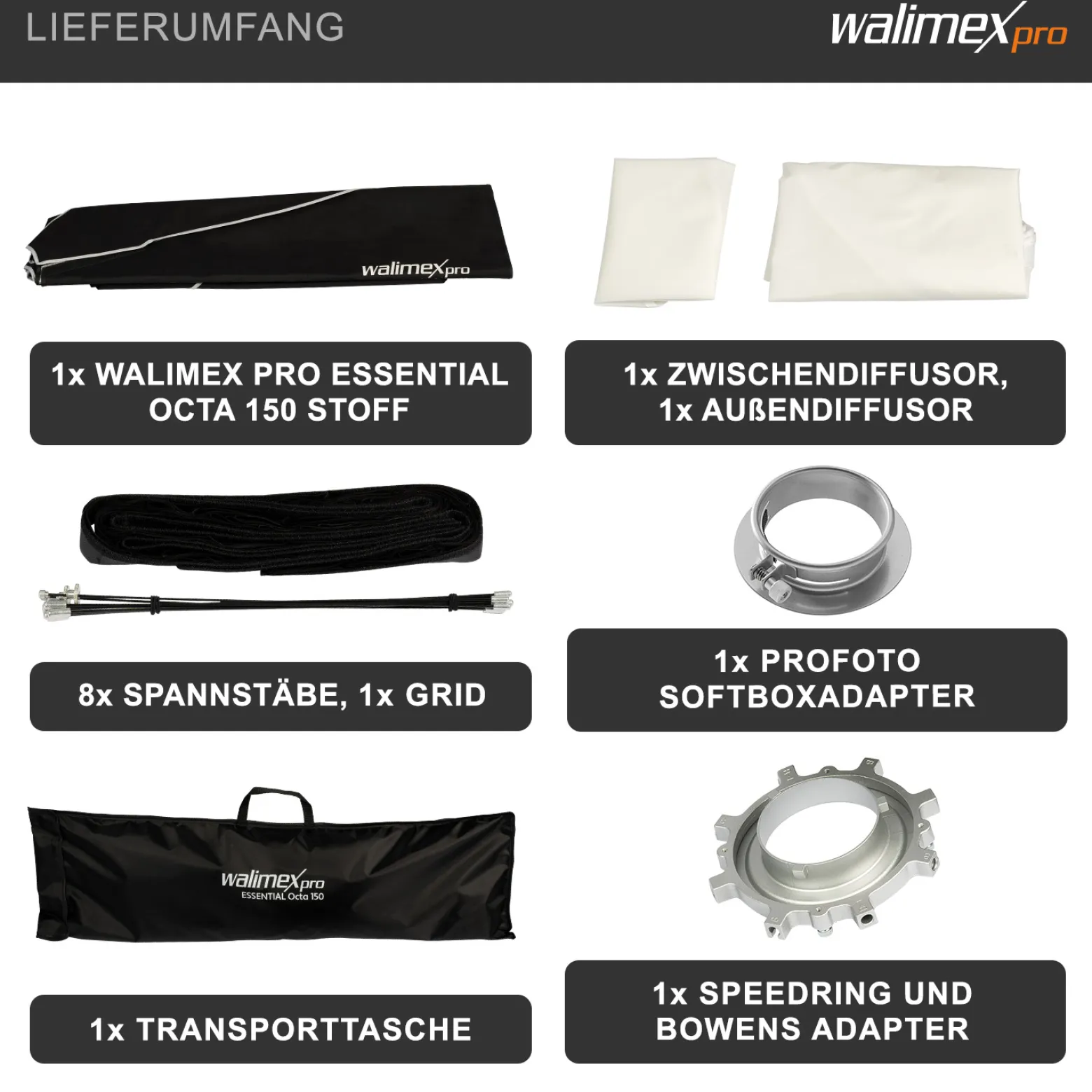 Walimex pro Essential Softbox Octagon 150cm + Adapter Profoto 15,2cm, 360°, einfacher Aufbau, inkl. Grid, Bowens Adapter und Transporttasche, ideal für Porträts und Beauty-Aufnahmen