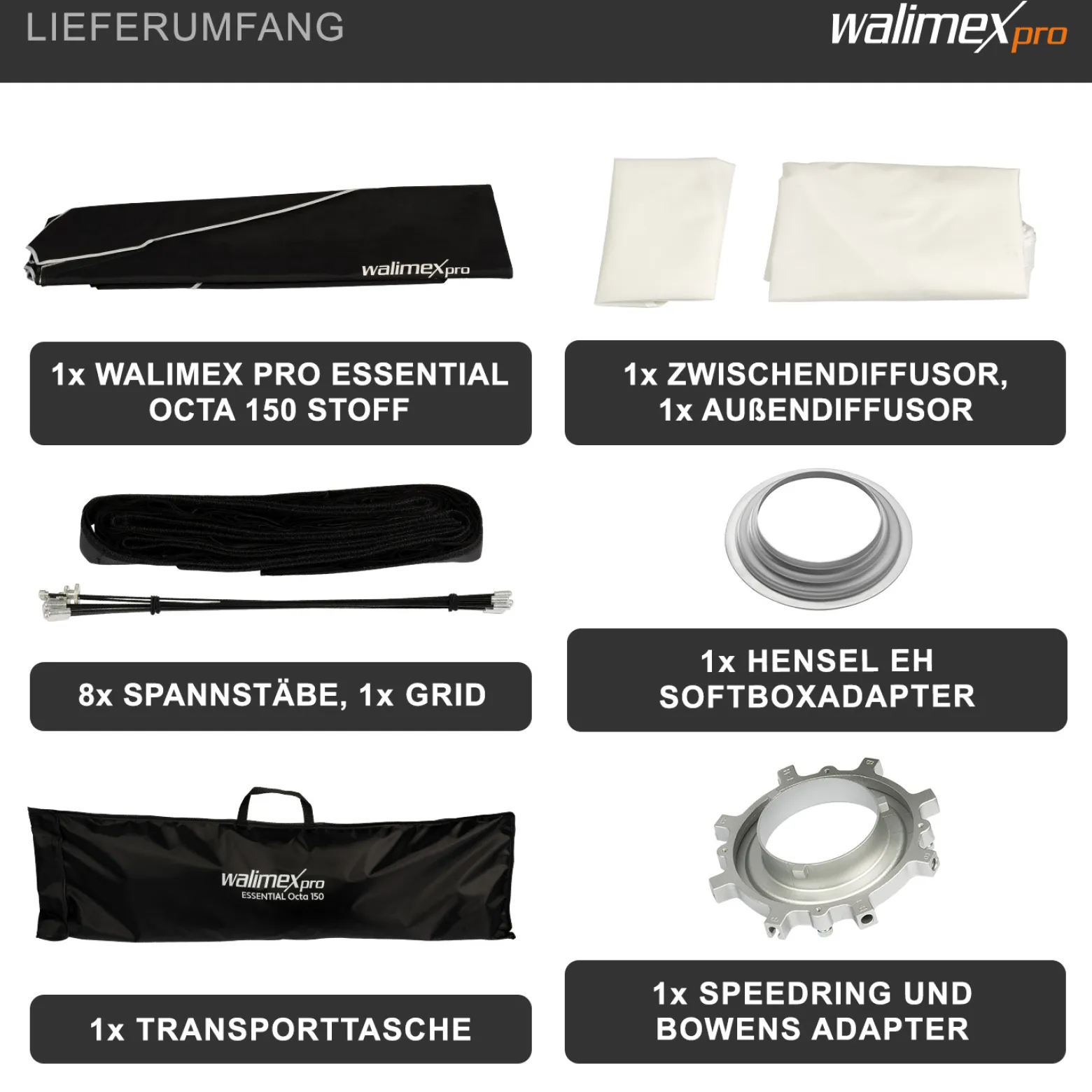 Walimex pro Essential Softbox Octagon 150cm + Softboxadapter für Hensel Expert, um 360° drehbar, inkl. Grid, Bowens Adapter und Transporttasche, ideal für Porträts und Beauty-Aufnahmen