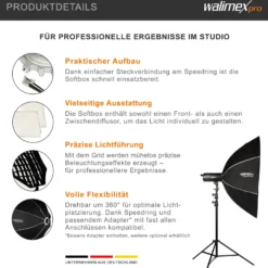 Walimex pro Essential Softbox Octagon 120cm, um 360° drehbar, einfacher Aufbau, inkl. Grid, Bowens Adapter und Transporttasche, ideal für Porträts und Beauty-Aufnahmen