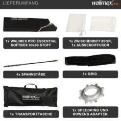 Walimex pro Essential Striplight Softbox 60 x 90 cm, Lichtformer um 360° drehbar, einfacher Aufbau, inkl. Grid, Bowens Adapter und Transporttasche, ideal für Produkt- und Peoplefotografie