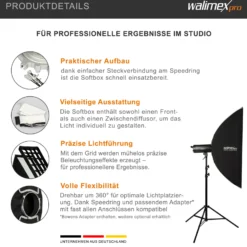 Walimex pro Essential Striplight Softbox 30x120cm + Softboxadapter für Elinchrom (Außendurchmesser: 15,2 cm), um 360° drehbar, einfacher Aufbau, inkl. Grid, Bowens Adapter und Transporttasche