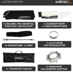 Walimex pro Essential Striplight Softbox 30x120cm + Softboxadapter für Elinchrom (Außendurchmesser: 15,2 cm), um 360° drehbar, einfacher Aufbau, inkl. Grid, Bowens Adapter und Transporttasche