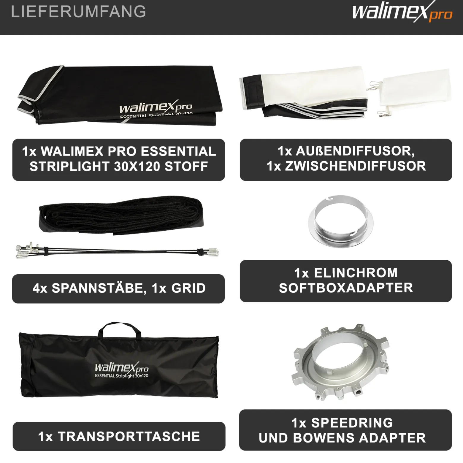 Walimex pro Essential Striplight Softbox 30x120cm + Softboxadapter für Elinchrom (Außendurchmesser: 15,2 cm), um 360° drehbar, einfacher Aufbau, inkl. Grid, Bowens Adapter und Transporttasche