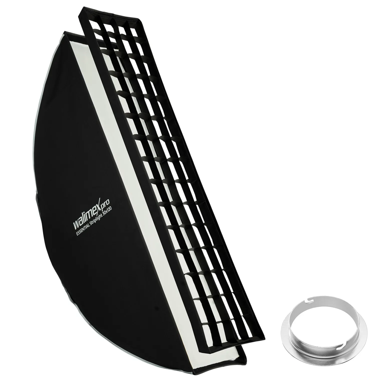 Walimex pro Essential Striplight Softbox 30x120cm + Softboxadapter für Elinchrom (Außendurchmesser: 15,2 cm), um 360° drehbar, einfacher Aufbau, inkl. Grid, Bowens Adapter und Transporttasche