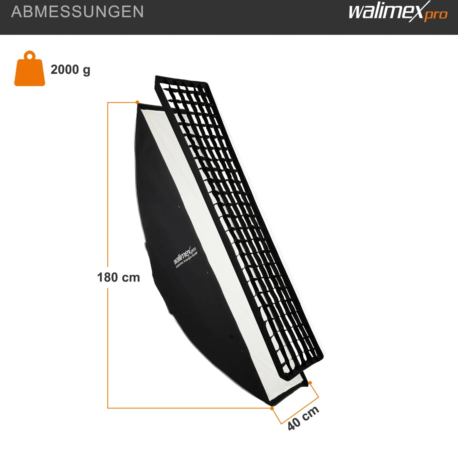 Walimex pro Essential Striplight Softbox 40 x 180 cm, Lichtformer um 360° drehbar, einfacher Aufbau, inkl. Grid, Bowens Adapter und Transporttasche, ideal für Produkt- und Peoplefotografie