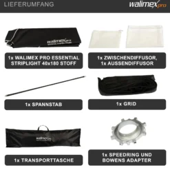 Walimex pro Essential Striplight Softbox 40 x 180 cm, Lichtformer um 360° drehbar, einfacher Aufbau, inkl. Grid, Bowens Adapter und Transporttasche, ideal für Produkt- und Peoplefotografie