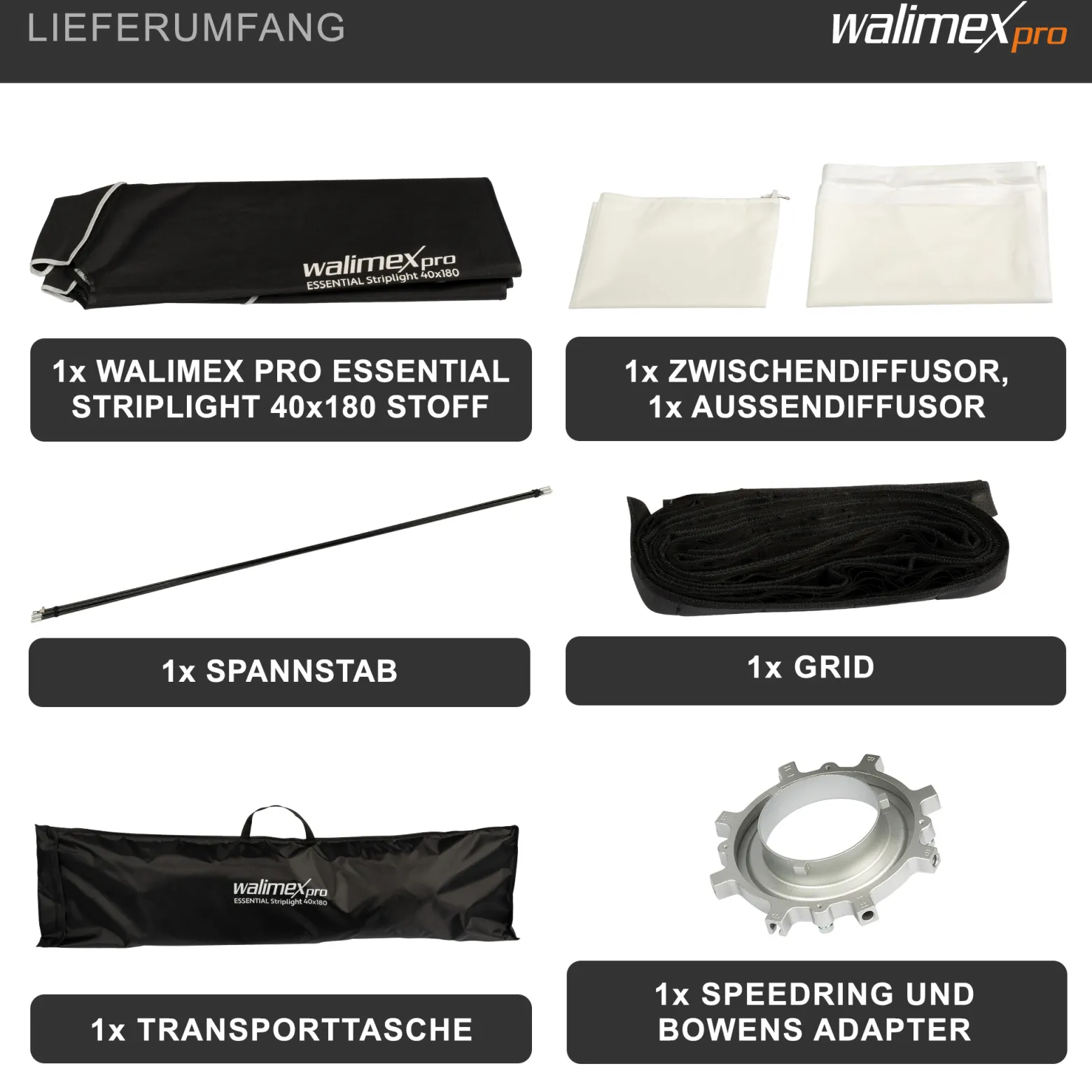 Walimex pro Essential Striplight Softbox 40 x 180 cm, Lichtformer um 360° drehbar, einfacher Aufbau, inkl. Grid, Bowens Adapter und Transporttasche, ideal für Produkt- und Peoplefotografie