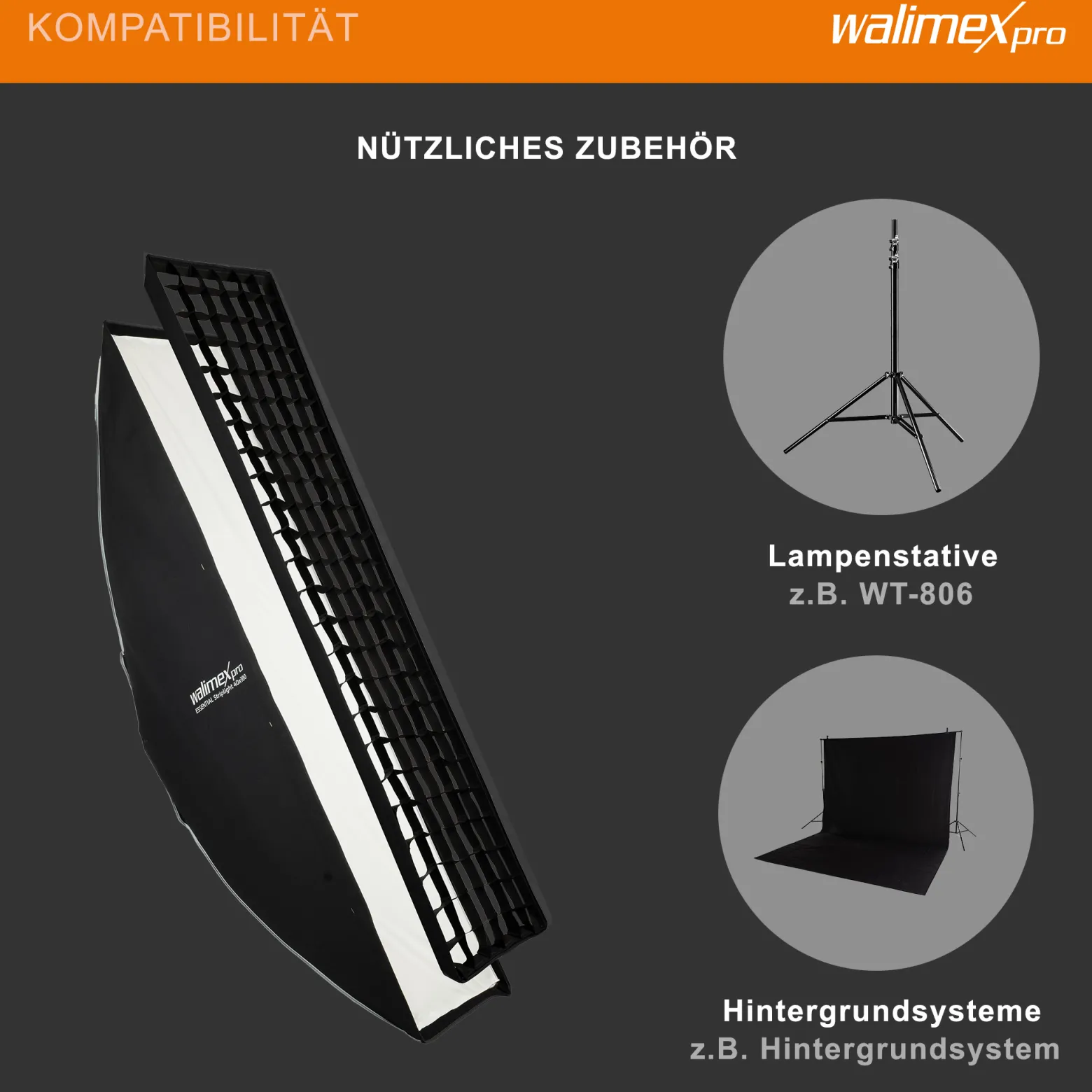 Walimex pro Essential Striplight Softbox 40 x 180 cm, Lichtformer um 360° drehbar, einfacher Aufbau, inkl. Grid, Bowens Adapter und Transporttasche, ideal für Produkt- und Peoplefotografie
