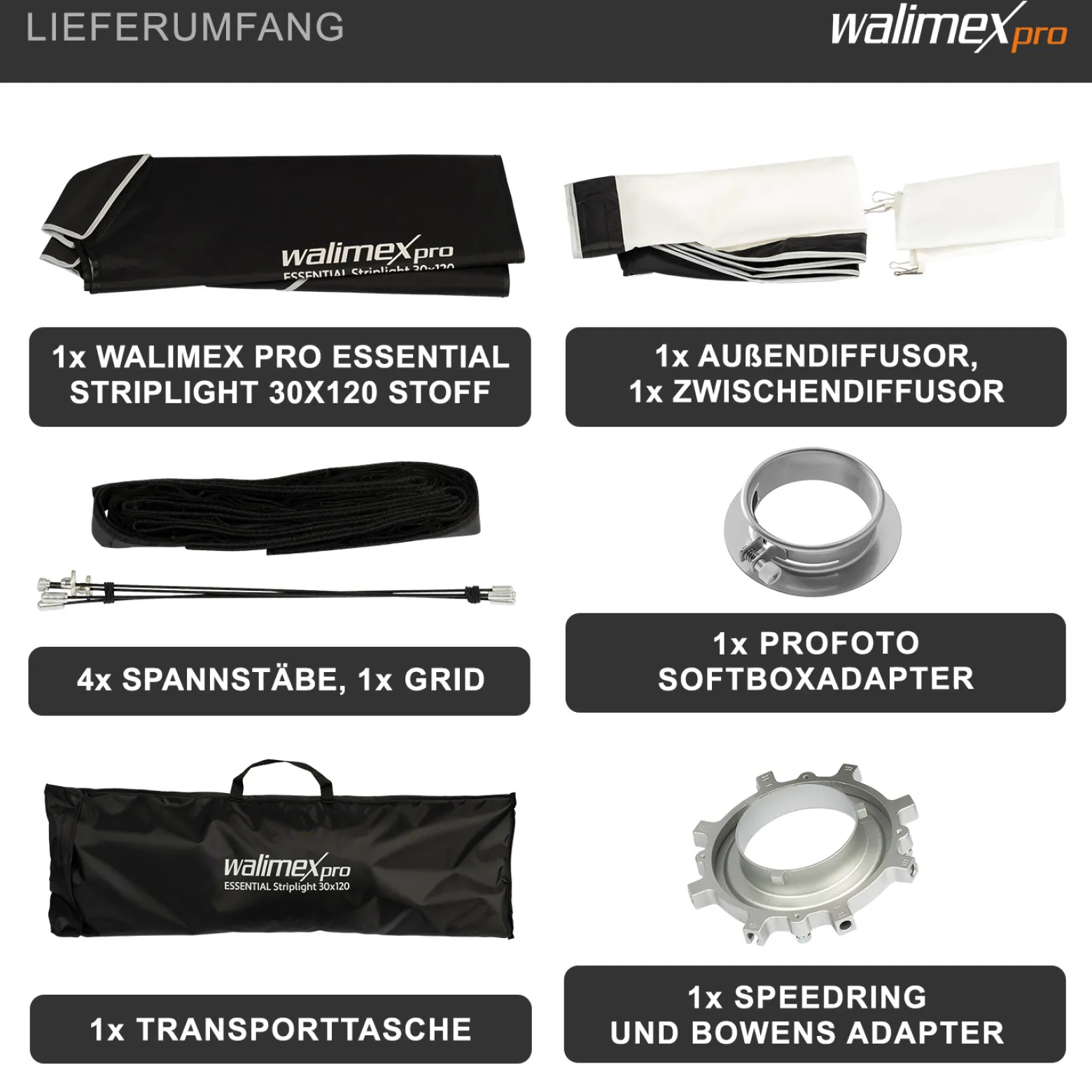 Walimex pro Essential Striplight Softbox 30 x 120 cm + Profoto Adapter 15,2, Lichtformer 360°, einfacher Aufbau, inkl. Grid, Bowens Adapter, Transporttasche, ideal für Produkt- und Peoplefotografie