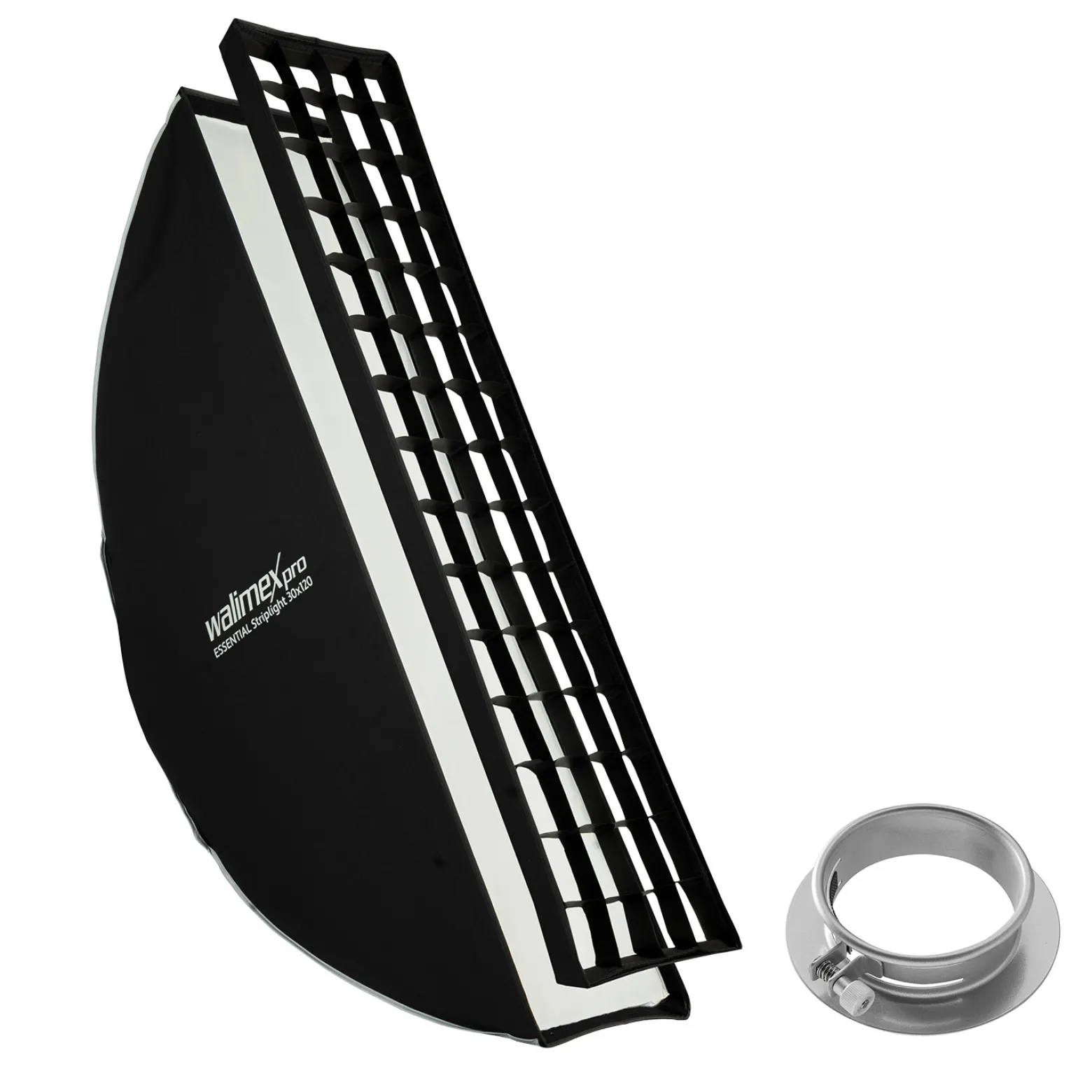 Walimex pro Essential Striplight Softbox 30 x 120 cm + Profoto Adapter 15,2, Lichtformer 360°, einfacher Aufbau, inkl. Grid, Bowens Adapter, Transporttasche, ideal für Produkt- und Peoplefotografie