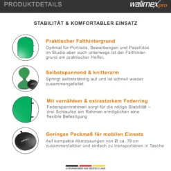 Walimex pro Falthintergrund grün 150 x 200 cm, robuster Fotohintergrund mit Federspannrahmen, faltbarer Hintergrund für Fotostudio mit Tranporttasche, Fotografie Zubehör