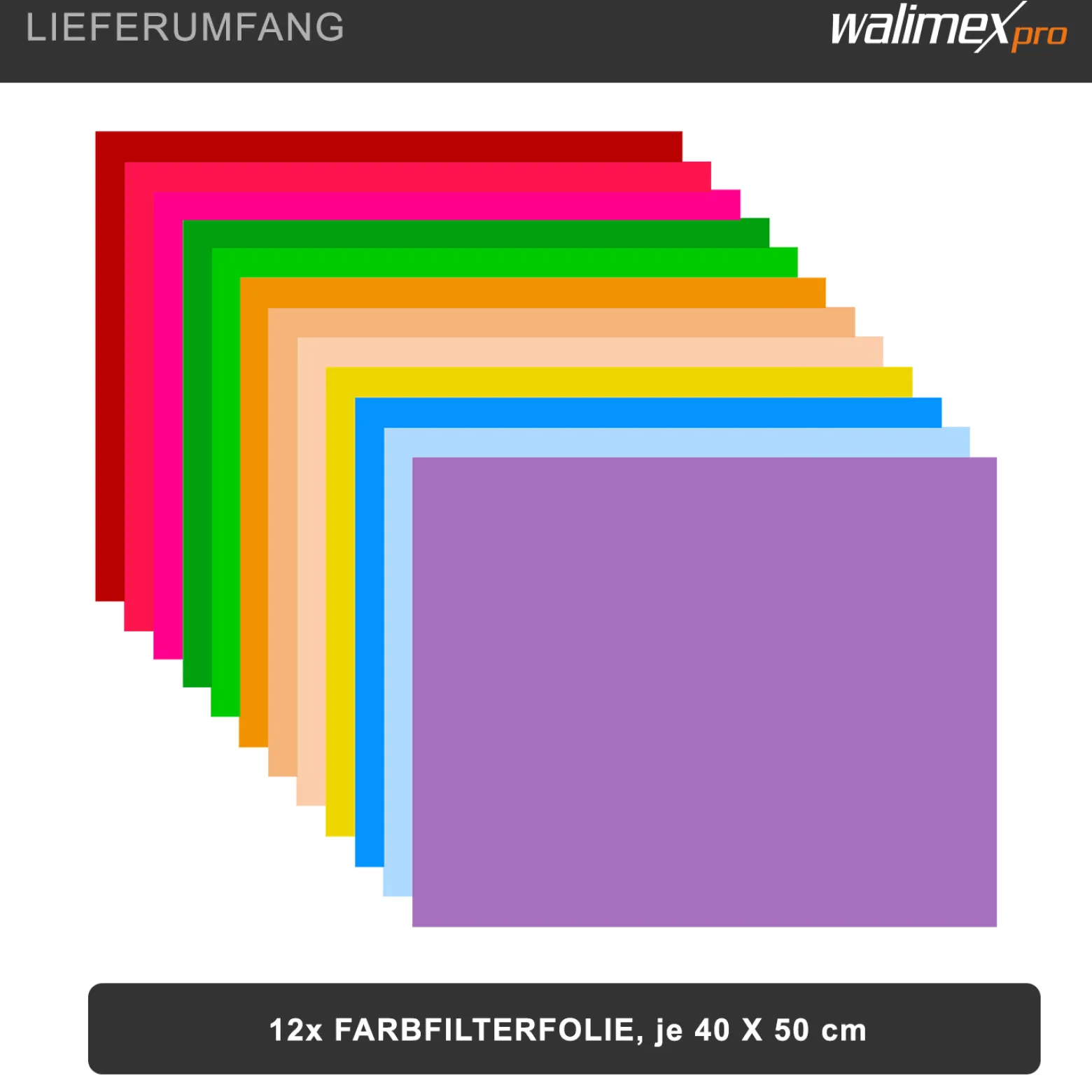Walimex pro Farbfilterset 12tlg. 40 x 50 cm für Studio und Bühne, Farbfolien für Scheinwerfer, Blitz und LED-Dauerlicht, zuschneidbar, große Farbauswahl