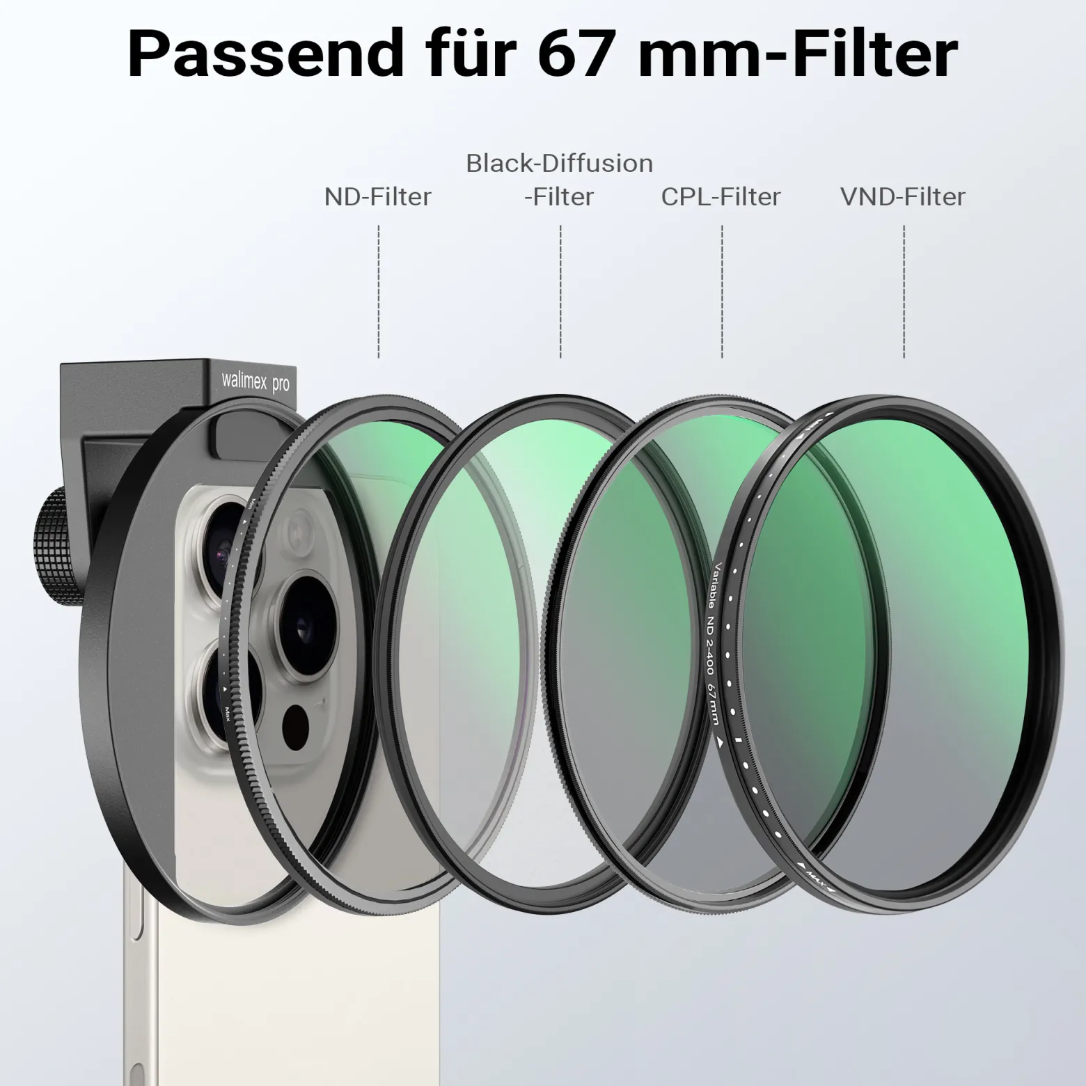 Walimex pro Filterhalter 67 mm für Handykamera, Cold Shoe Mount für LED und Mikrofon, professionelles Fotografieren mit Smartphone, Halterung für Diffusionsfilter, ND Filter, Polfilter
