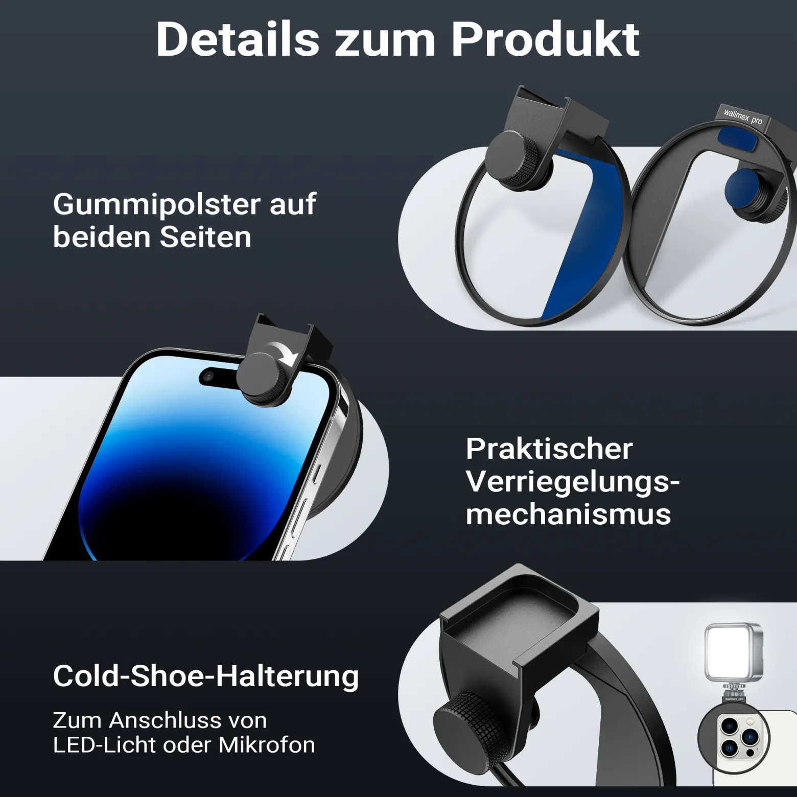 Walimex pro Filterhalter 67 mm für Handykamera, Cold Shoe Mount für LED und Mikrofon, professionelles Fotografieren mit Smartphone, Halterung für Diffusionsfilter, ND Filter, Polfilter