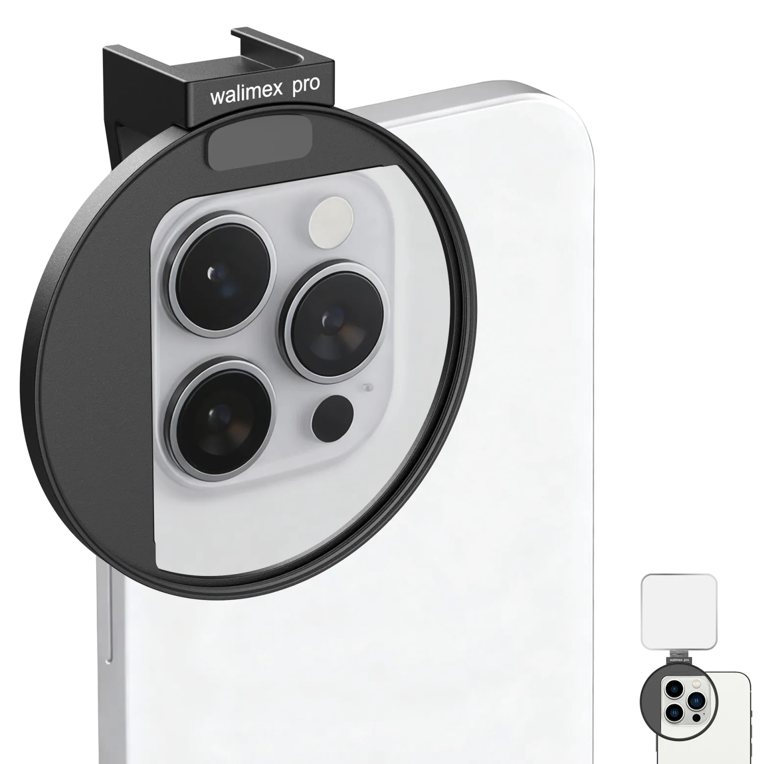 Walimex pro Filterhalter 67 mm für Handykamera, Cold Shoe Mount für LED und Mikrofon, professionelles Fotografieren mit Smartphone, Halterung für Diffusionsfilter, ND Filter, Polfilter