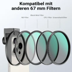Walimex pro Filterhalter 67 mm für Handykamera, inkl. Diffusionsfilter 67 mm, Cold Shoe Mount für LED und Mikrofon, Fotozubehör für professionelles Fotografieren mit Smartphone und Handy