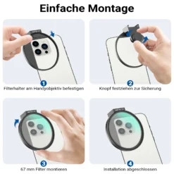 Walimex pro Filterhalter 67 mm für Handykamera, inkl. Diffusionsfilter 67 mm, Cold Shoe Mount für LED und Mikrofon, Fotozubehör für professionelles Fotografieren mit Smartphone und Handy