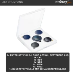Walimex pro Filter Set für DJI OSMO Action CPL/ND MC - ND4 ND8 ND16 ND32 und CPL Polfilter - 16x mehrschichtvergütet Glas, Alurahmen - kratzresistent ölbeständig wasserresistent