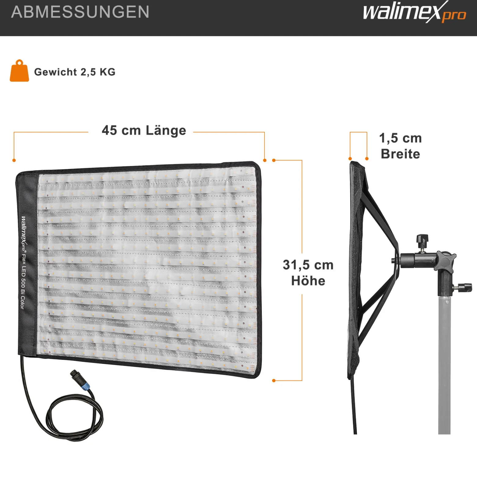 Walimex pro Flex LED 500 Bi Color Leuchtmatte, 50 W Flächenleuchte, flexible Studioleuchte dimmbar, spritzwassergeschützte Videoleuchte mit Display und Akku-Steckplatz