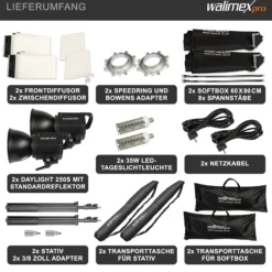 Walimex pro Fotostudio 2er Set mit 2x 35 W LED Studioleuchte, 2x 90 x 60 cm Softbox, 2x Lampenstativ bis 256 cm, Studiolicht 5000 K Farbtemperatur, Lichtstativ mit Federdämpfung