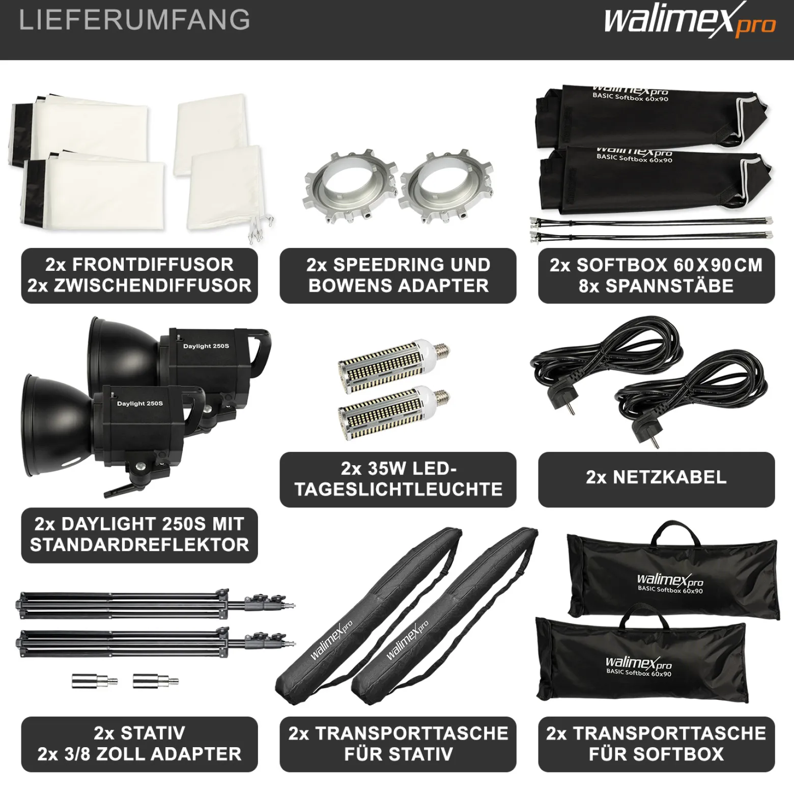Walimex pro Fotostudio 2er Set mit 2x 35 W LED Studioleuchte, 2x 90 x 60 cm Softbox, 2x Lampenstativ bis 256 cm, Studiolicht 5000 K Farbtemperatur, Lichtstativ mit Federdämpfung