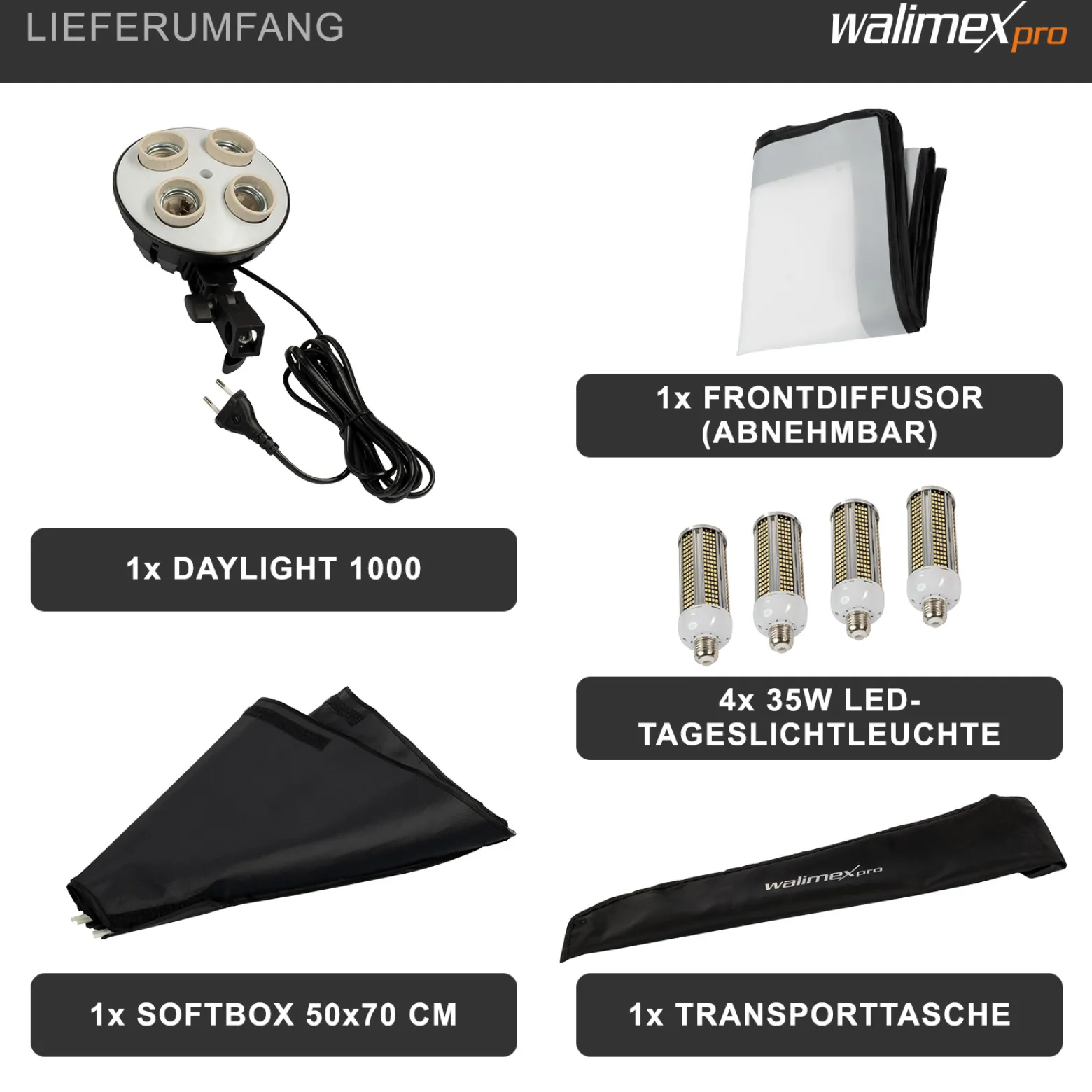 Walimex pro Fotostudio Set mit Softbox 50 x 70 cm und 4x LED je 35 W, Soft Box mit 135° Neigung, Studio Beleuchtung mit Diffusor und Daylight Farbtemperatur