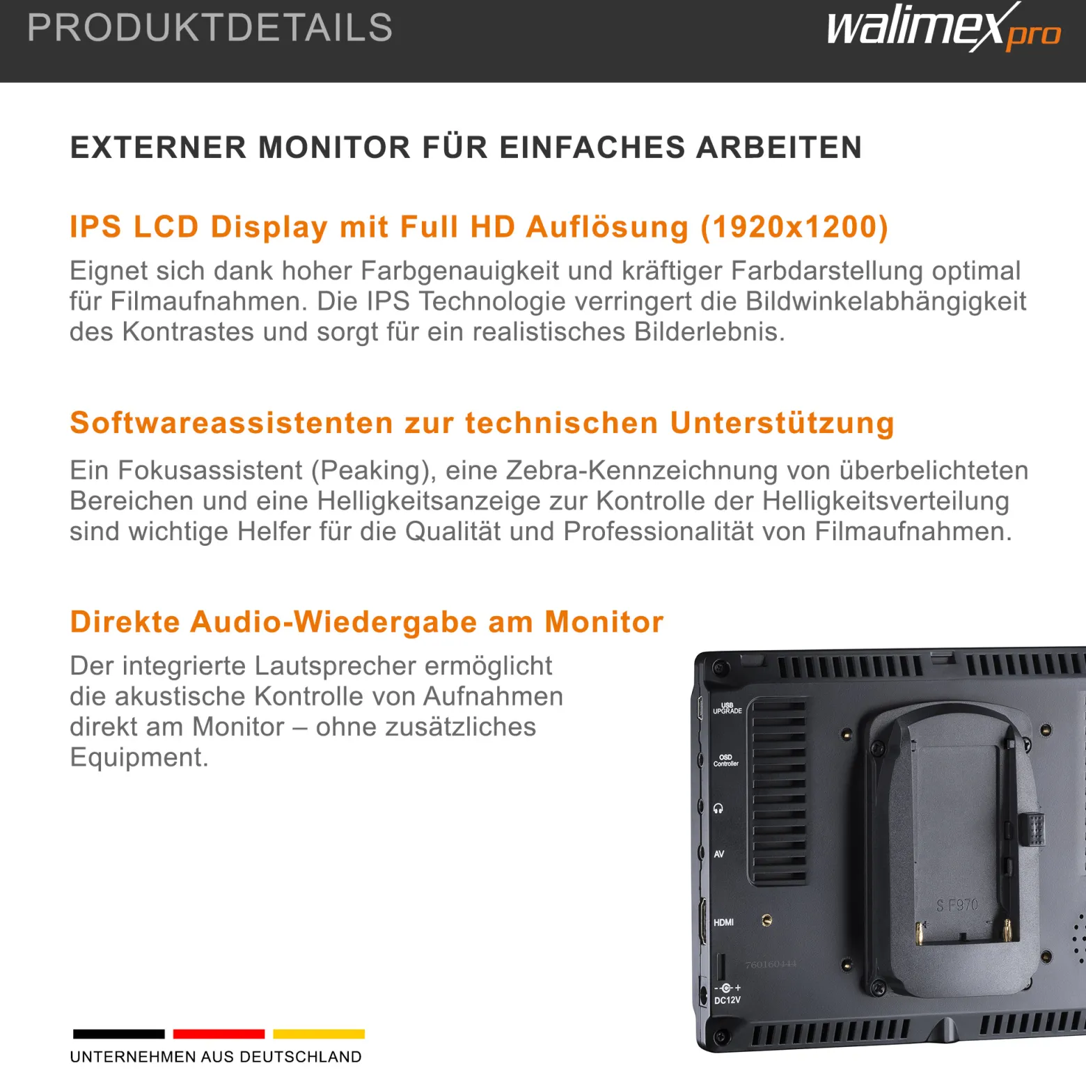 Walimex pro Full HD Monitor Director III, 7 Zoll / 17 x 176 x 130 mm mit HDMI und AV Eingang, IPS-Panel, Peaking Zebra Histogramm