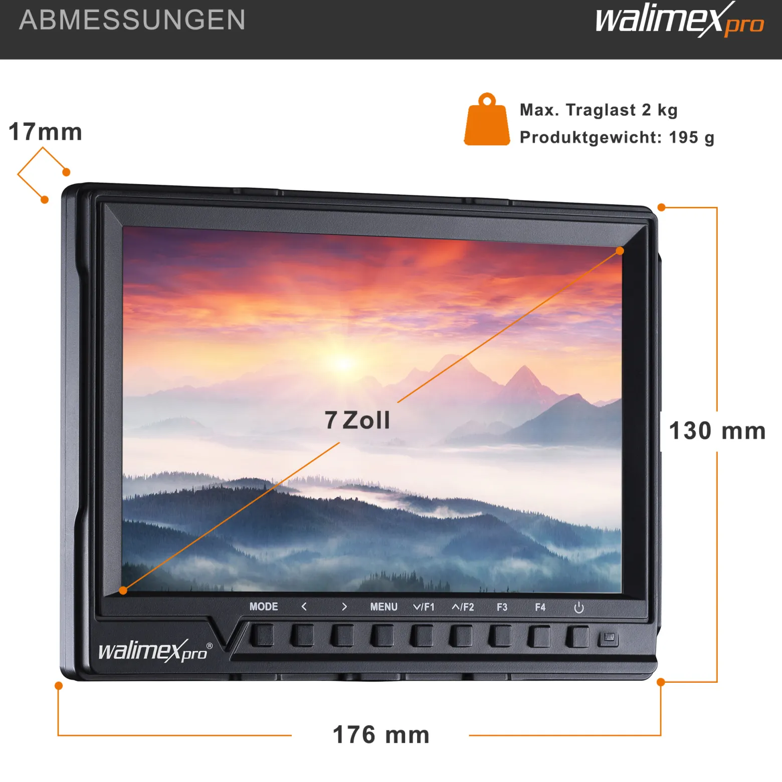 Walimex pro Full HD Monitor Director III, 7 Zoll / 17 x 176 x 130 mm mit HDMI und AV Eingang, IPS-Panel, Peaking Zebra Histogramm