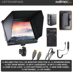 Walimex pro Full HD Monitor Director III - 7 Zoll / 17 x 176 x 130 mm - inkl. 1x Akku / 1/4" Gewinde - mit HDMI und AV Eingang, IPS-Panel, Peaking Zebra Histogramm