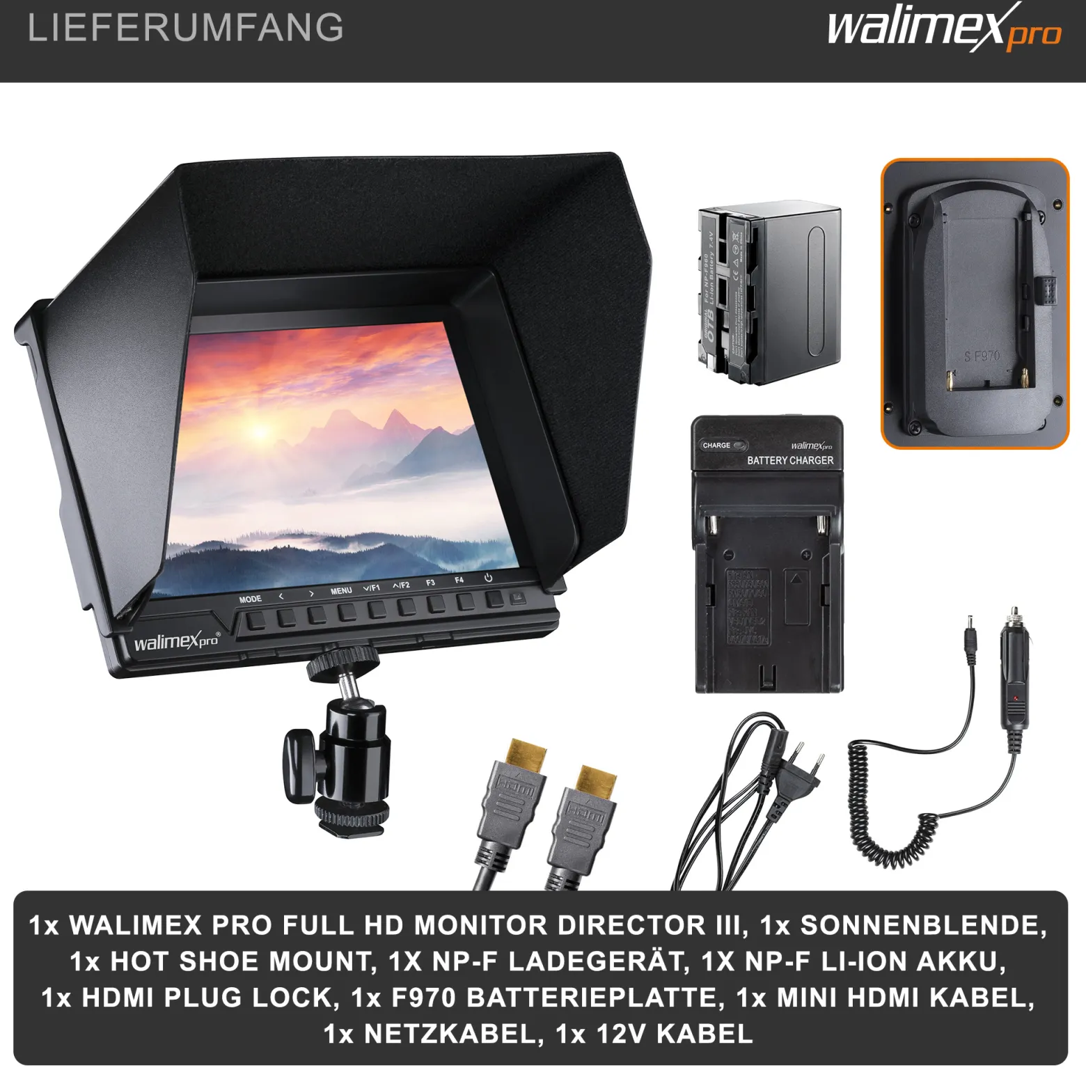 Walimex pro Full HD Monitor Director III - 7 Zoll / 17 x 176 x 130 mm - inkl. 1x Akku / 1/4" Gewinde - mit HDMI und AV Eingang, IPS-Panel, Peaking Zebra Histogramm