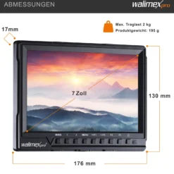 Walimex pro Full HD Monitor Director III - 7 Zoll / 17 x 176 x 130 mm - inkl. 1x Akku / 1/4" Gewinde - mit HDMI und AV Eingang, IPS-Panel, Peaking Zebra Histogramm