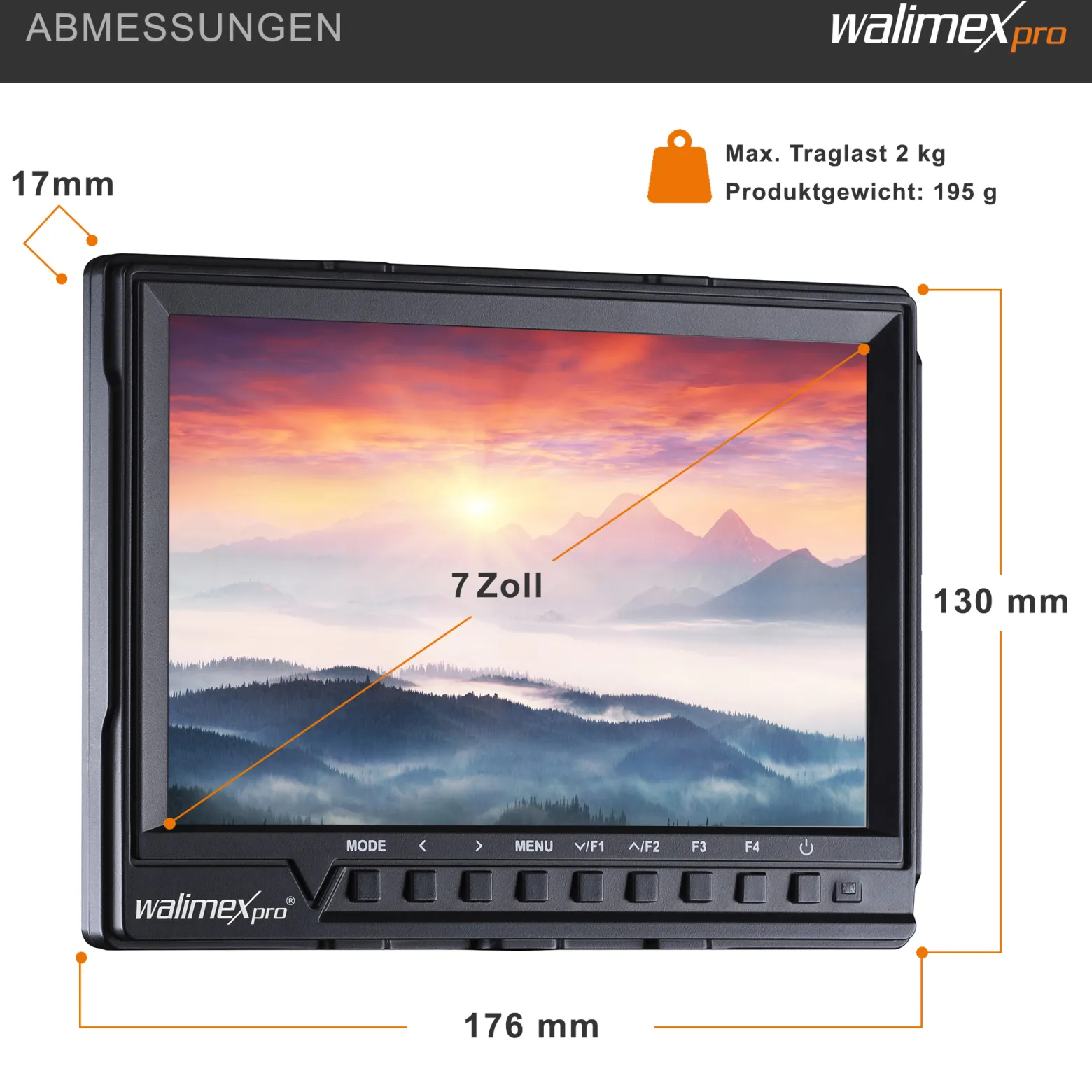 Walimex pro Full HD Monitor Director III - 7 Zoll / 17 x 176 x 130 mm - inkl. 1x Akku / 1/4" Gewinde - mit HDMI und AV Eingang, IPS-Panel, Peaking Zebra Histogramm