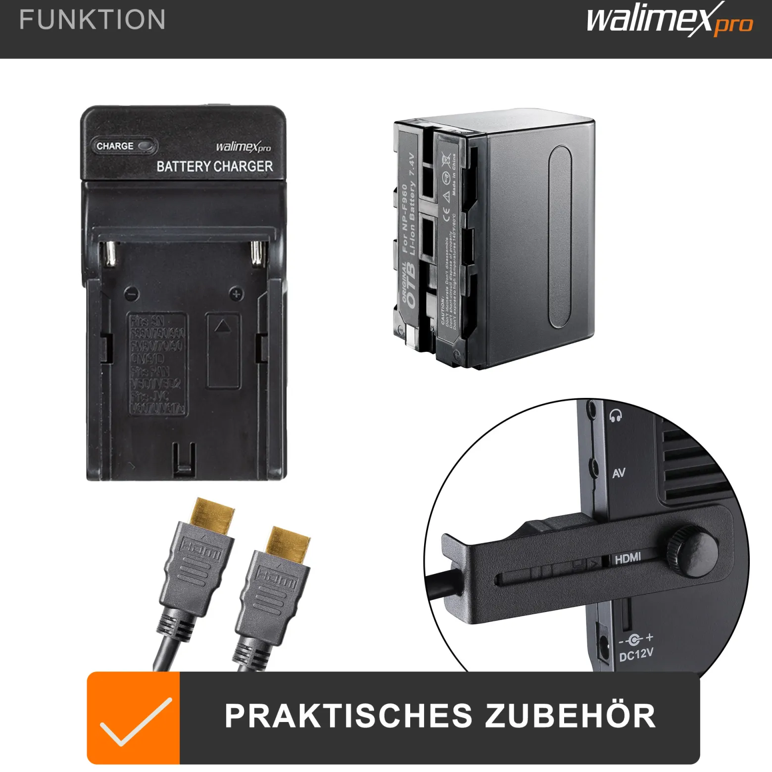 Walimex pro Full HD Monitor Director III - 7 Zoll / 17 x 176 x 130 mm - inkl. 1x Akku / 1/4" Gewinde - mit HDMI und AV Eingang, IPS-Panel, Peaking Zebra Histogramm
