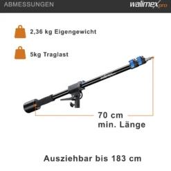 Walimex pro Galgen für Lampenstativ ausziehbar 70 bis 183 cm, Boom Arm neiggbar und bis 5 kg belastbar, 5/8 Zoll Spigot, Auslegearm ideal für Softboxen, Reflektoren, Schirme oder Mikrofone