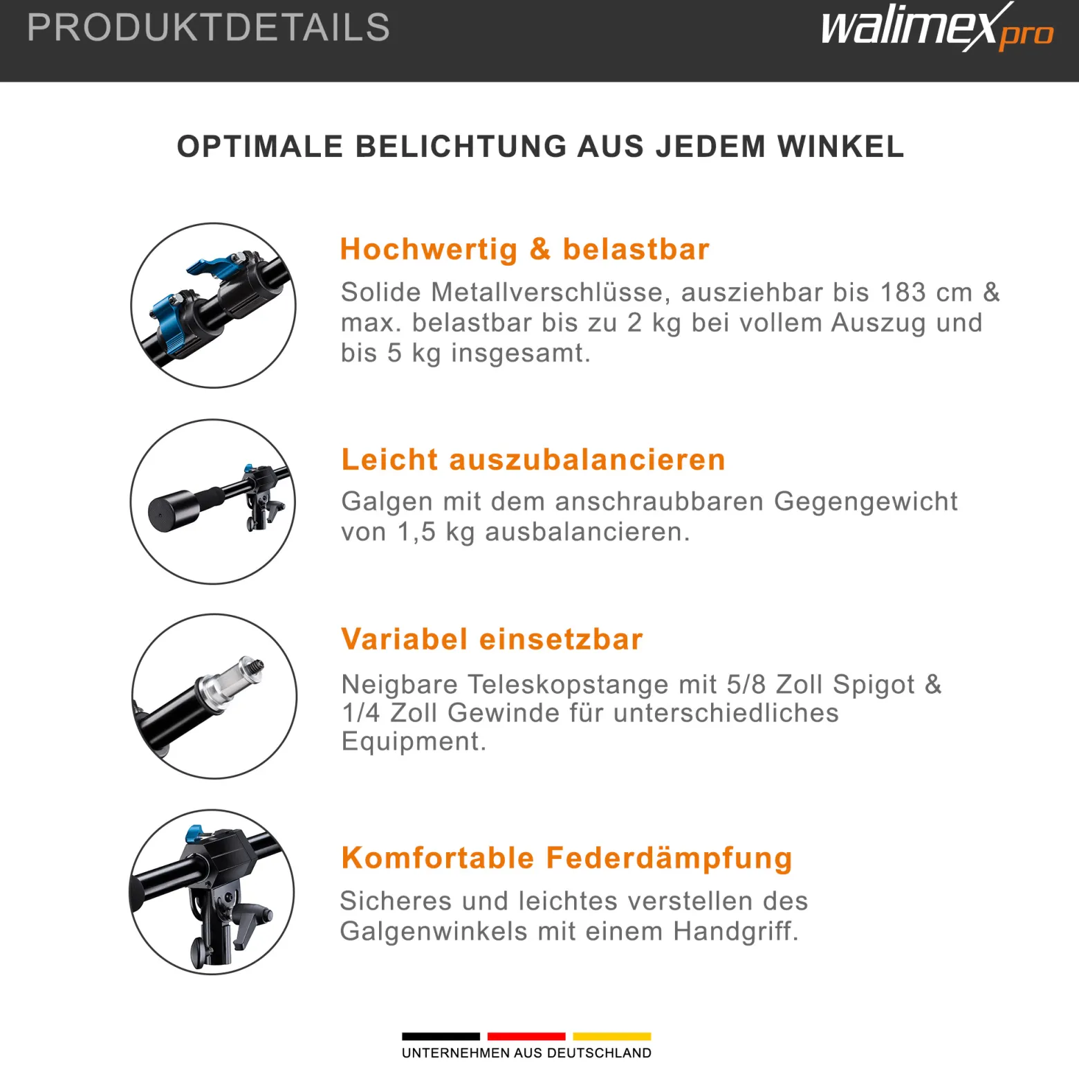 Walimex pro Galgen für Lampenstativ ausziehbar 70 bis 183 cm, Boom Arm neiggbar und bis 5 kg belastbar, 5/8 Zoll Spigot, Auslegearm ideal für Softboxen, Reflektoren, Schirme oder Mikrofone