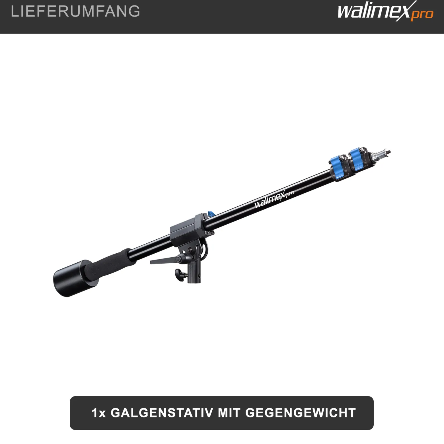 Walimex pro Galgen für Lampenstativ ausziehbar 70 bis 183 cm, Boom Arm neiggbar und bis 5 kg belastbar, 5/8 Zoll Spigot, Auslegearm ideal für Softboxen, Reflektoren, Schirme oder Mikrofone