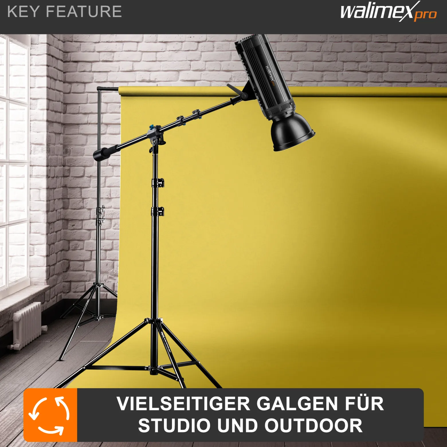 Walimex pro Galgen für Lampenstativ ausziehbar 70 bis 183 cm, Boom Arm neiggbar und bis 5 kg belastbar, 5/8 Zoll Spigot, Auslegearm ideal für Softboxen, Reflektoren, Schirme oder Mikrofone