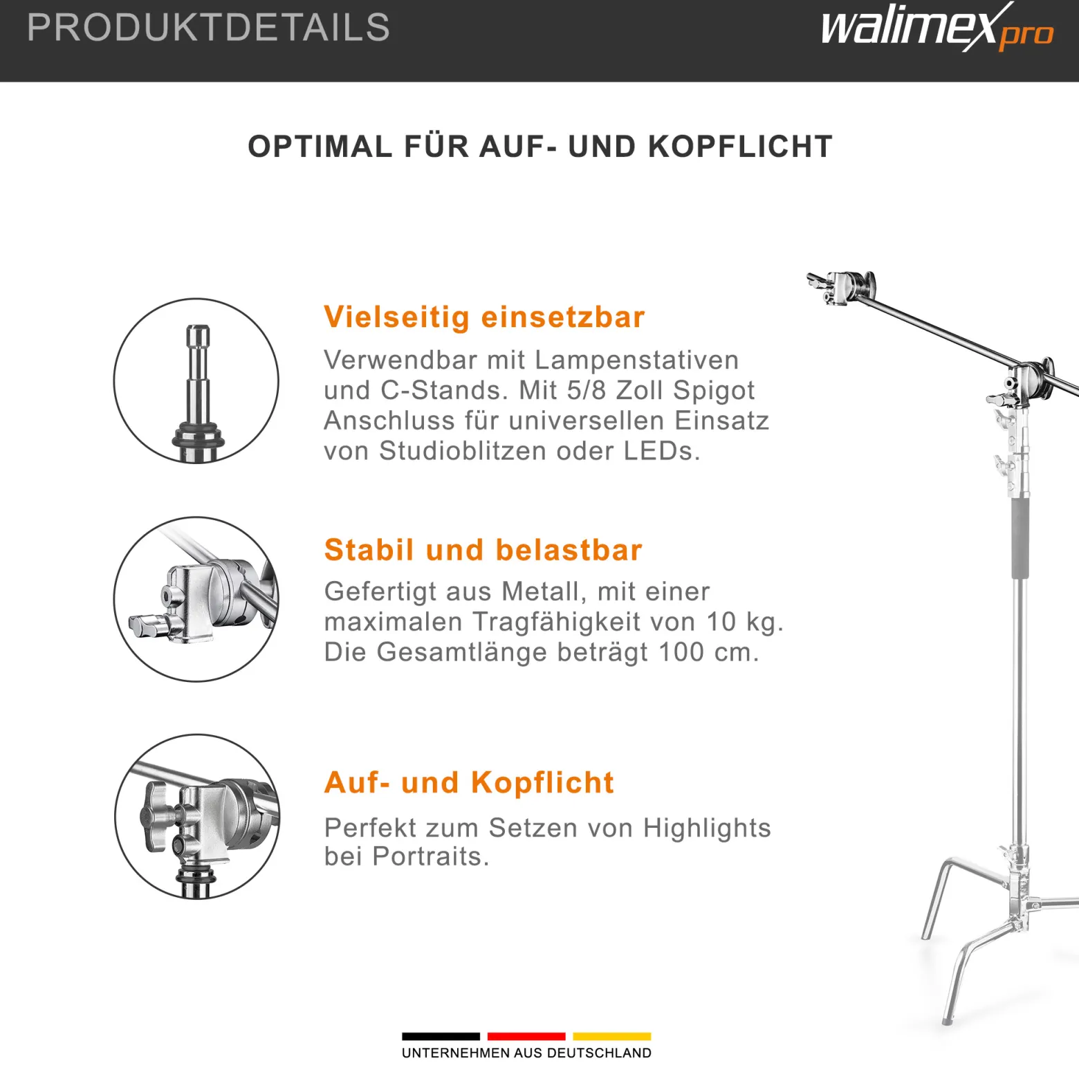 Walimex pro Galgen mit 2 Schraubklemmen 1000 x 140 x 70 mm Traglast max. 10 kg mit 5/8" Spigotaufnahme für Auf-/Kopflicht