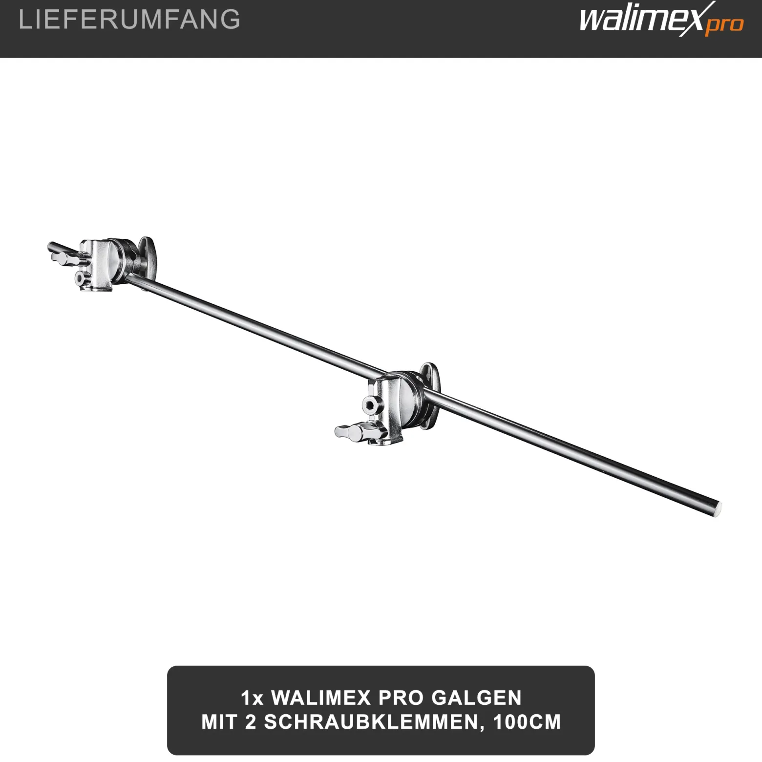 Walimex pro Galgen mit 2 Schraubklemmen 1000 x 140 x 70 mm Traglast max. 10 kg mit 5/8" Spigotaufnahme für Auf-/Kopflicht