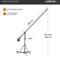 Walimex pro Galgenstativ mit Rollen und Gegengewicht Schwarz, höhenverstellbares Dreibeinstativ 140-450 cm, Kamerastativ mit 290 cm Auslegearm drehbar und neigbar auch für schweres Equipment