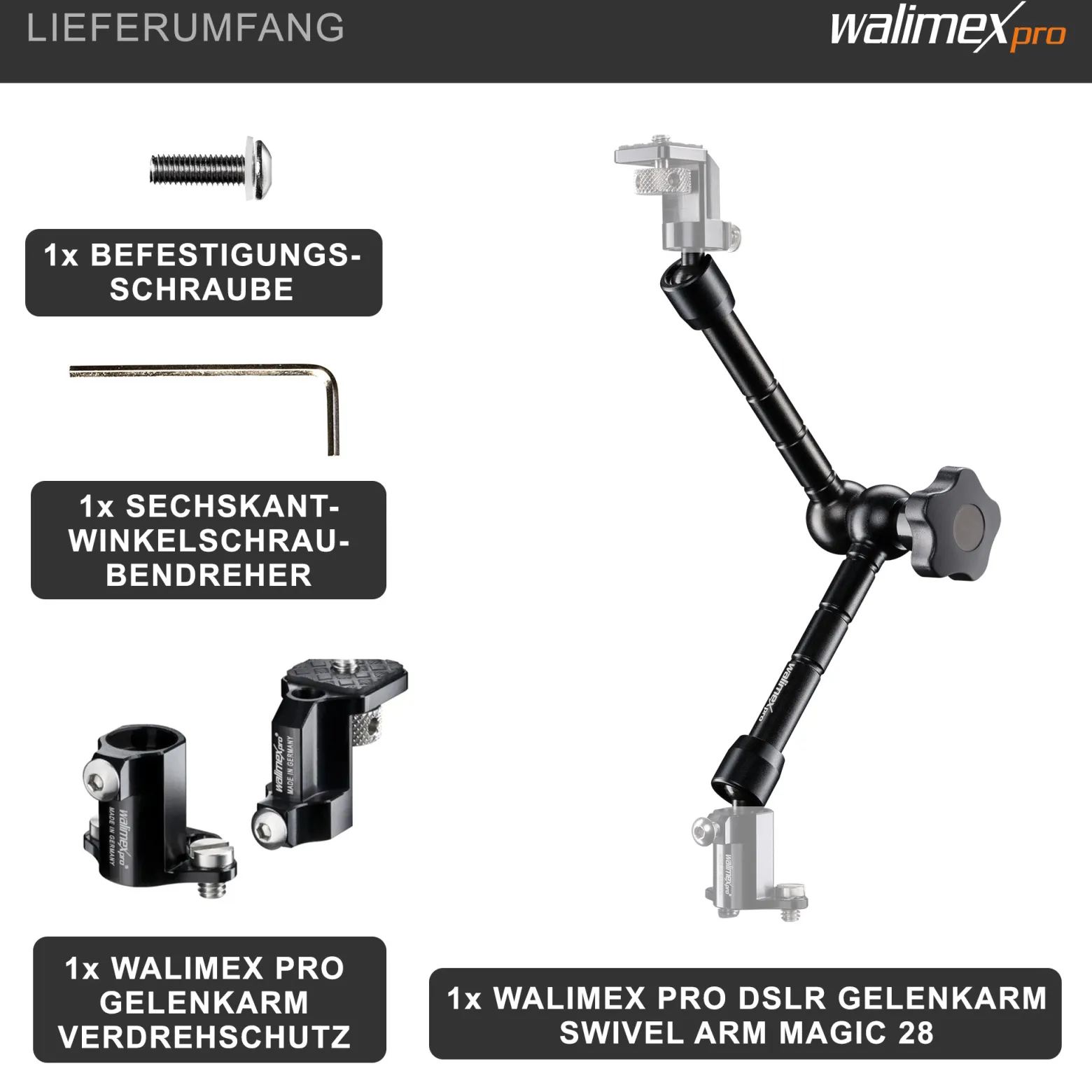 Walimex pro Gelenkarm Verdrehschutz Set Größe L / 28 cm - 300 x 80 x 80 mm - mit 2x 1/4" Schraube u. 1/4" Innengewinde - für Photo und Video Rigs, Cages, Gelenkarme