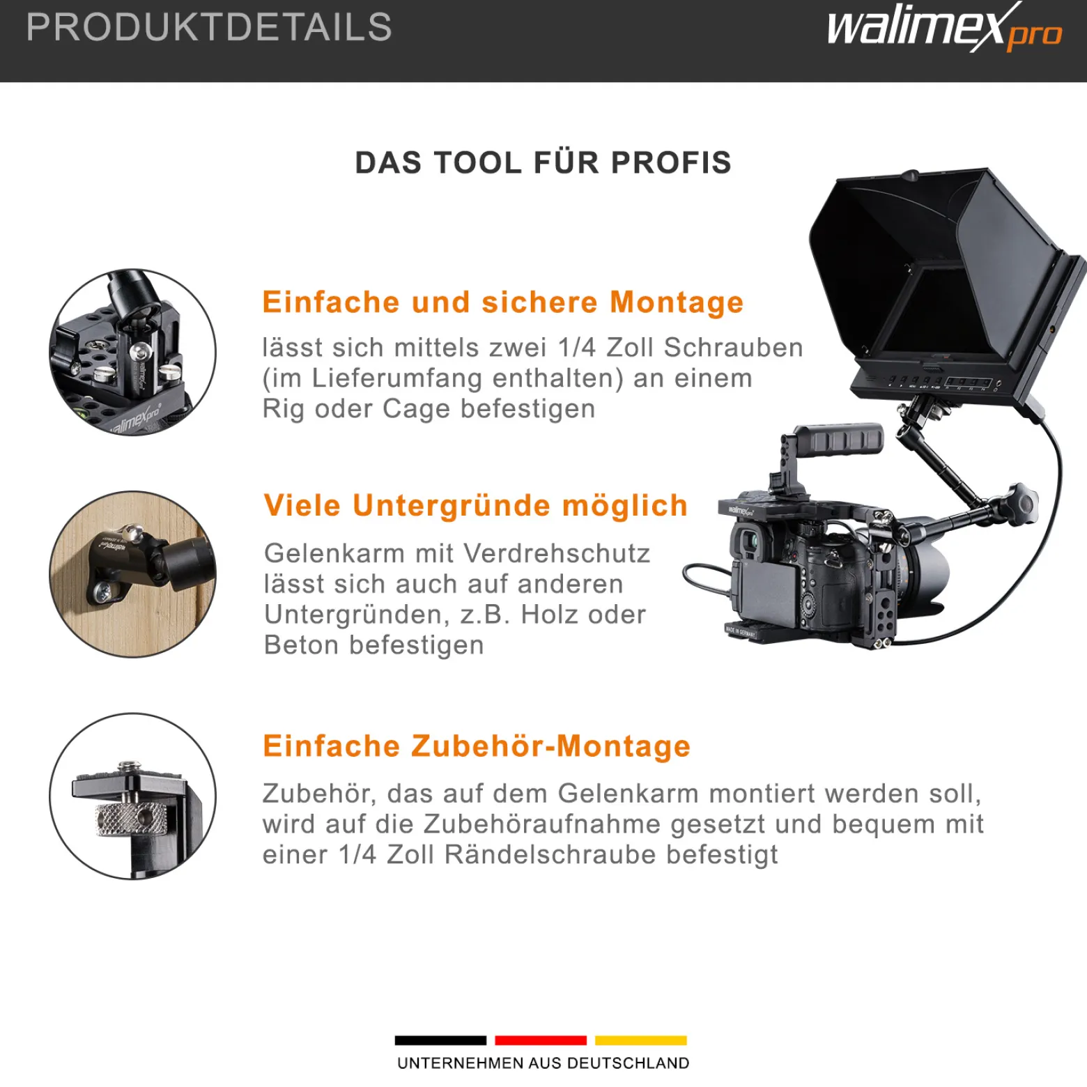 Walimex pro Gelenkarm Verdrehschutz Set Größe L / 28 cm - 300 x 80 x 80 mm - mit 2x 1/4" Schraube u. 1/4" Innengewinde - für Photo und Video Rigs, Cages, Gelenkarme