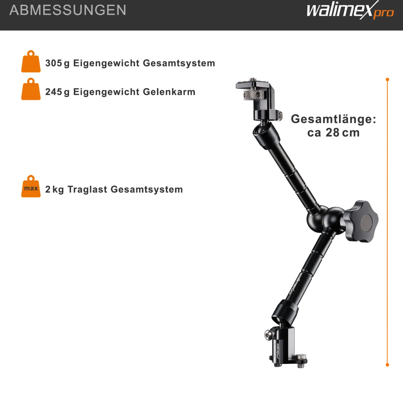 Walimex pro Gelenkarm Verdrehschutz Set Größe L / 28 cm - 300 x 80 x 80 mm - mit 2x 1/4" Schraube u. 1/4" Innengewinde - für Photo und Video Rigs, Cages, Gelenkarme