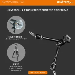 Walimex pro Gelenkarm XL SP – 530 x 80 x 80 mm – Stabiler Friktionsarm mit 5kg Belastbarkeit und 53cm Länge – für DSLRs, Videokameras, Beleuchtung- mit 5/8