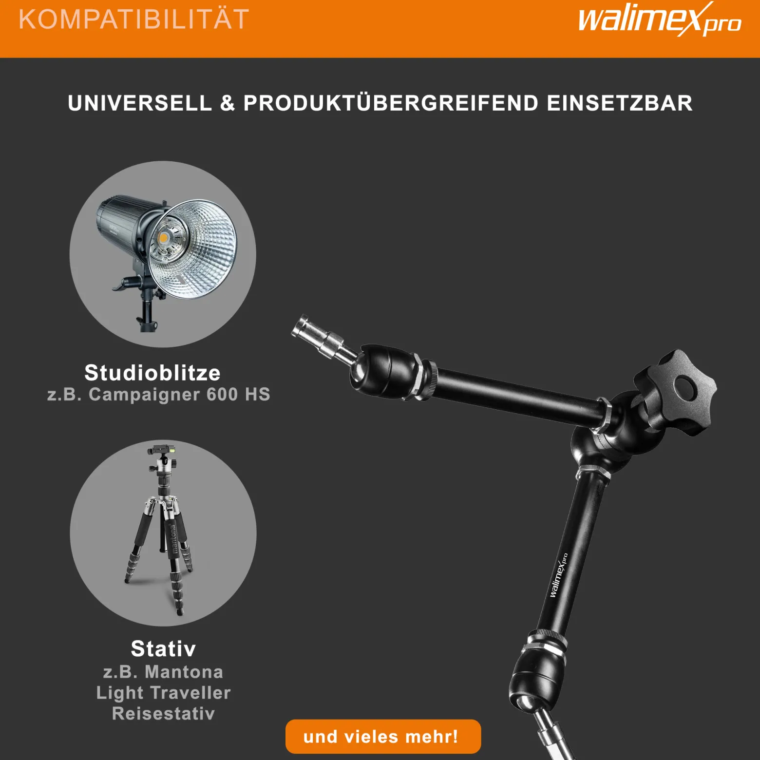 Walimex pro Gelenkarm XL SP – 530 x 80 x 80 mm – Stabiler Friktionsarm mit 5kg Belastbarkeit und 53cm Länge – für DSLRs, Videokameras, Beleuchtung- mit 5/8" Spigotanschlüssen und zentraler Rasterung